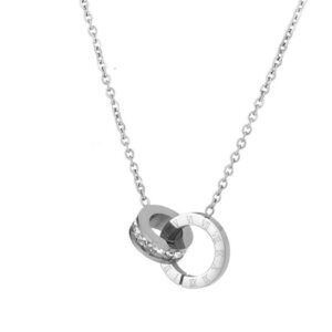 Stainless Steel Interlocking Ring Roman Numeral SImulated Diamond Necklace